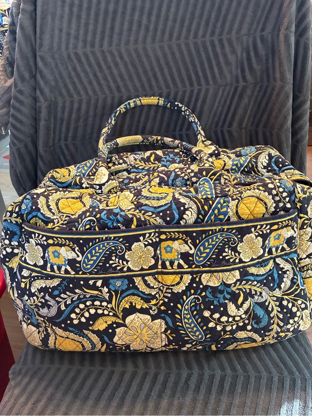 Retired Ellie Blue Vera Bradley Yellow & Navy Quilted Travel Duffel
